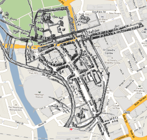 John Speed's map of Cardiff in 1610, superimposed over a modern map of the City Centre mapofcardiff2010