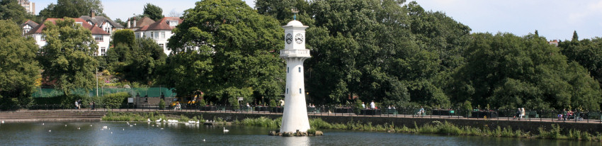 View of the Scott Lighthouse in Roath Park Lake roathpark